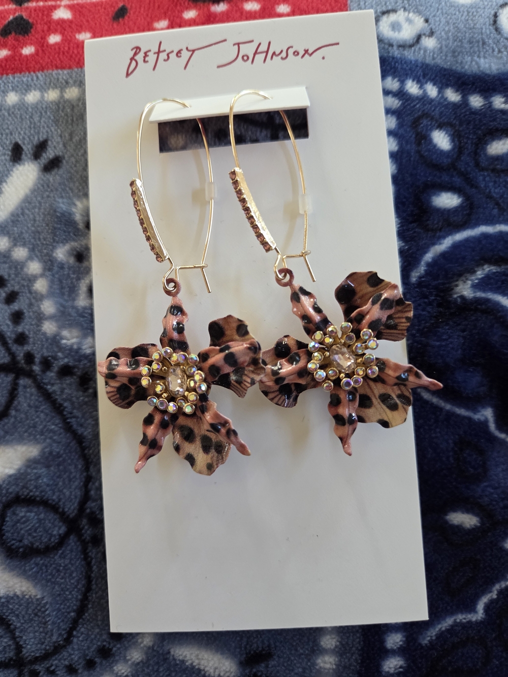 Betsey Johnson Leopard-Print Flower Hoop Earrings with Rhinestone Centers